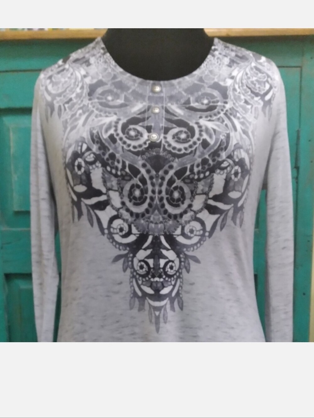 Womens Gray Embellished Long Sleeve Shirt By One World Sz PM